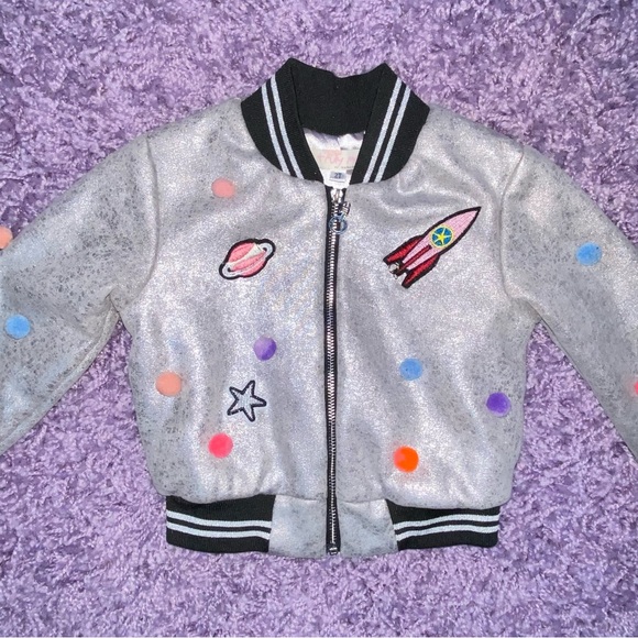 2T Sara Sara Truly Me Silver Metallic Space Rocket Ship Pom Pom Bomber Jacket - Picture 4 of 8